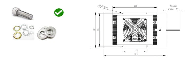Fan unit mounting hardware and dimension drawing